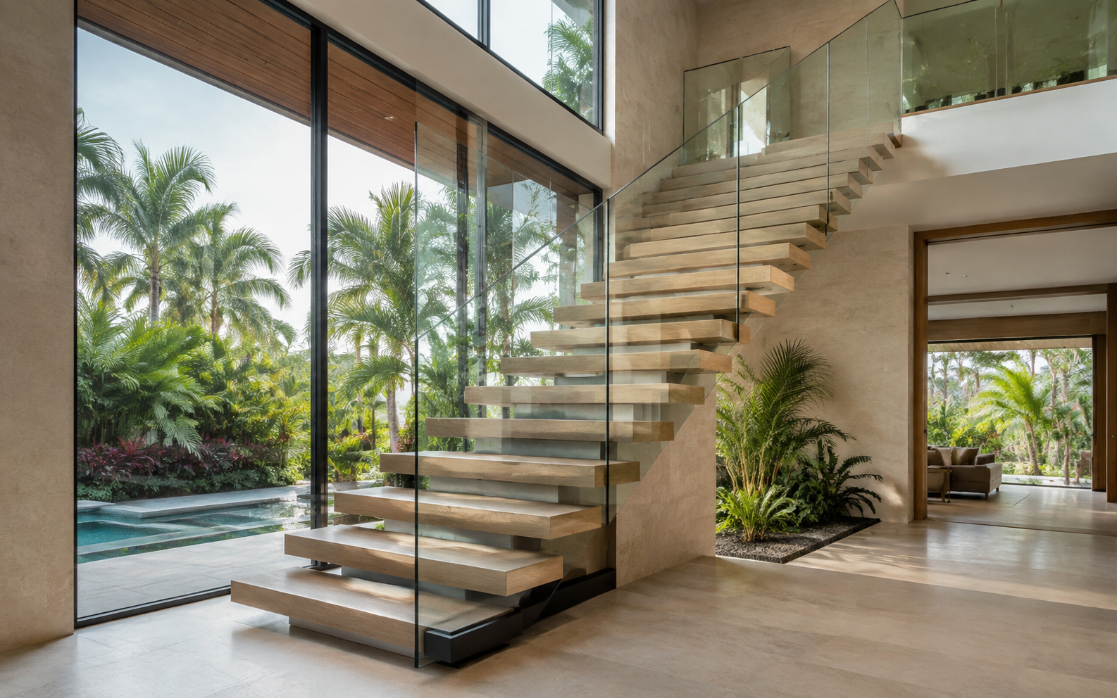 Low-iron frameless glass railing on a floating white-oak staircase